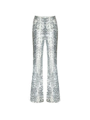 Snake Print Flare Pants – Low Rise Sequin Accent Y2K Party Denim