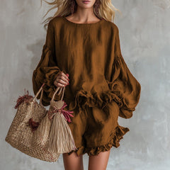 Loose-fitting Lantern-Sleeve Top And Shorts Two-Piece Set For Women