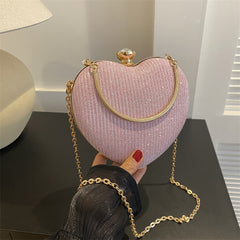 Heart-Shaped Metallic Clutch – Detachable Chain Synthetic Leather