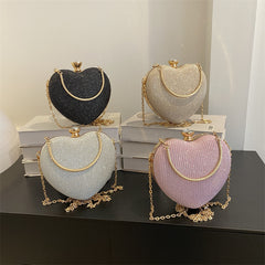Heart-Shaped Metallic Clutch – Detachable Chain Synthetic Leather