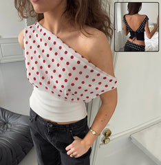 Polka Dot Off-Shoulder Crop Top – Lace Up Backless Chiffon