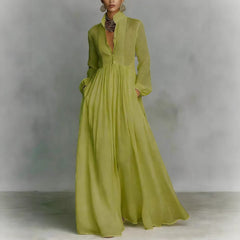 Parisian Pleated Midi Dress – Long Sleeve Linen Women's
