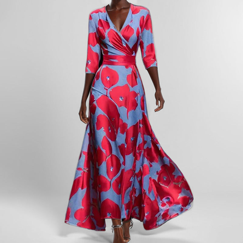 Print V-Neck Midi Dress – Short Sleeve Fitted Waist Women