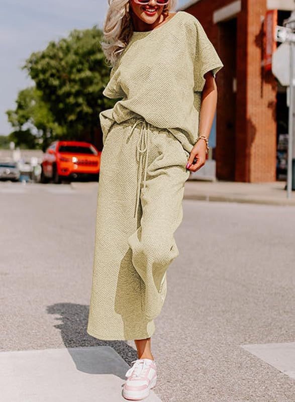 Short-Sleeve Top & Wide-Leg Pants Set – Polyester Spandex Cold Wash