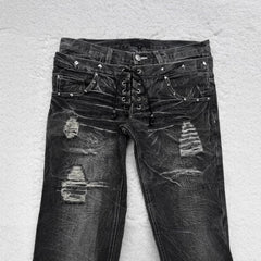 Y2K Washed Denim Flared Pants – Gothic Vintage Double Belt Unisex Trousers