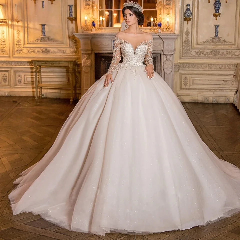 Custom Illusion Lace Wedding Dress - Sheer Scoop Neck Beaded Applique Long Sleeve Bridal Gown