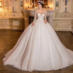Custom Illusion Lace Wedding Dress - Sheer Scoop Neck Beaded Applique Long Sleeve Bridal Gown
