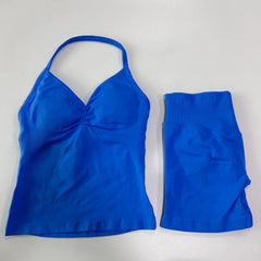 2-Piece Seamless Gym Set Women - Backless Tank Top + High Waist Scrunch Shorts Activewear