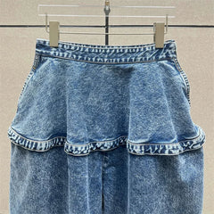Women’s Peplum Waist Jeans 2026 – Vintage Washed High-Waisted Straight Leg Denim Pants