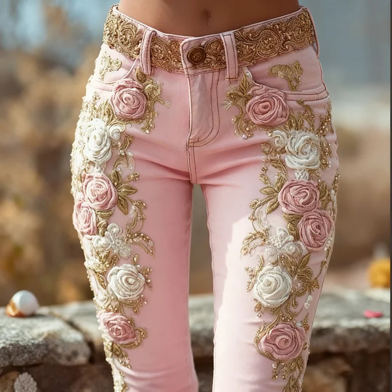 Rose Print High Waist Jeans – Vintage Buttoned Slim Trousers Autumn