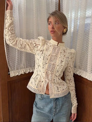 Retro Solid Knit Top for Women – Chic O-Neck Long Sleeve Slim Fit with Hollow Lace Detail