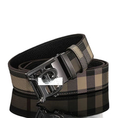 Men's Genuine Cowhide Leather Belt – Tartan Pattern with Letter Buckle