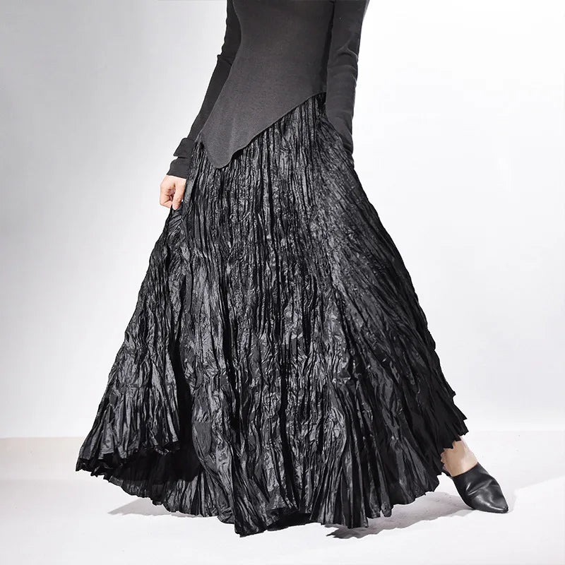 Pleated Maxi Skirt High Waist Wide Hem – A-Line Spring Streetwear