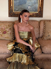 Golden Pleated Evening Dress – Polyester Spandex Hand Wash Only