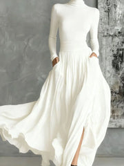 Elegant Turtleneck 2-Piece Set - Long Sleeve Top + Draped Pocket Skirt