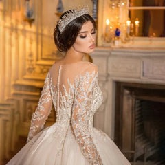 Custom Illusion Lace Wedding Dress - Sheer Scoop Neck Beaded Applique Long Sleeve Bridal Gown