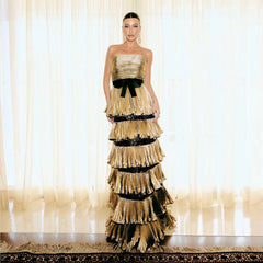 Golden Pleated Evening Dress – Polyester Spandex Hand Wash Only