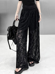Black Lace Cutout Wide-Leg Pants – Polyester Spandex Cold Wash