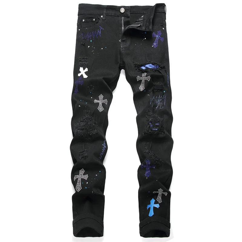Men's Spring Slim Straight Jeans – Embroidered Cross Medal Detail