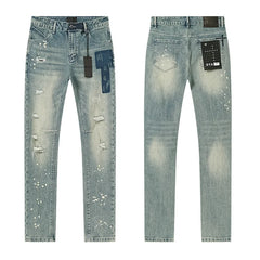 RTA Men's Slim Fit Graffiti Print Skinny Jeans – Destroyed Hole Detail Long Denim Pants