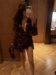 Floral Ruffle Dress Deep V-Neck – Slim A-Line Short Evening Gown