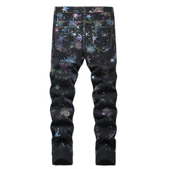 Men's Black Graphic Jeans – Neon Snowflake Star Print Slim Straight