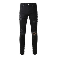 High Street Black Skinny Jeans for Men – Letter Embroidered Slim Fit Denim