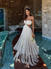 Strapless Fringe Hollow Out Dress Women - Backless Off Shoulder Bodycon