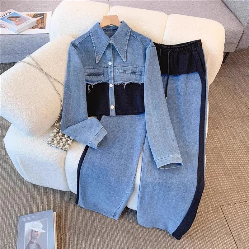 Color-Blocked Denim Jacket & Wide-Leg Pants Set – Loose Fit Two-Piece Casual Suit for Women |