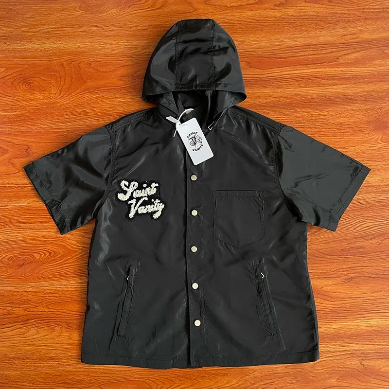 SAINT VANITY Embroidered Hooded Trench Coat – Casual Sports Short-Sleeve Waterproof Jacket