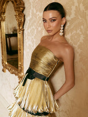Golden Pleated Evening Dress – Polyester Spandex Hand Wash Only
