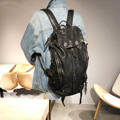 Vintage Rewashed Cowhide Leather Backpack - Black Retro Travel Bag for Men & Women