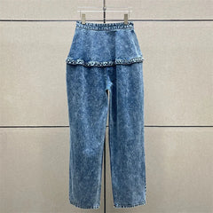 Women’s Peplum Waist Jeans 2026 – Vintage Washed High-Waisted Straight Leg Denim Pants