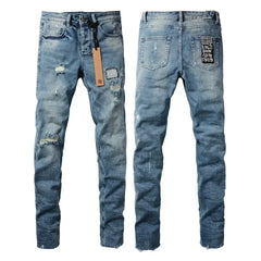 Retro Low Rise Skinny Jeans - Light Blue Ripped Stretch Denim - Unisex