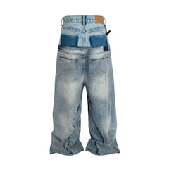 CUT-UP Double-Waist Patchwork Jeans - Unisex Baggy Straight Denim Trousers