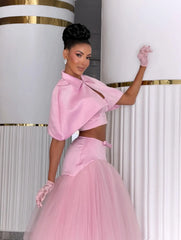 Pink Tulle Evening Gown – Detachable Cape 3 Piece Set Unlined Sheer Formal