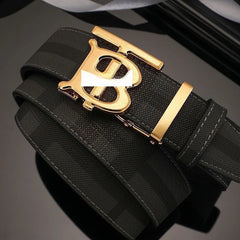 Men's Genuine Cowhide Leather Belt – Tartan Pattern with Letter Buckle