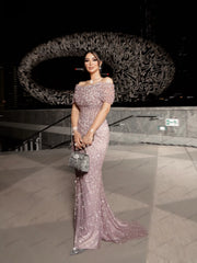 Glitter Off-The-Shoulder Evening Dress – Glamorous Sequin Applique Prom Gown