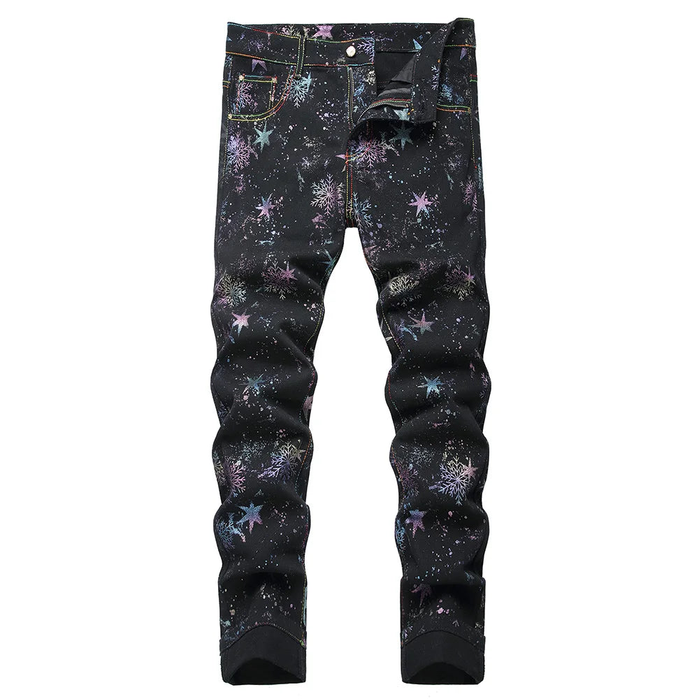 Men's Black Graphic Jeans – Neon Snowflake Star Print Slim Straight