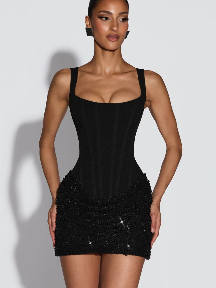 Sequin Patchwork Mini Dress for Women – Chic Off-Shoulder Backless Sling Dress with Waist Cinching