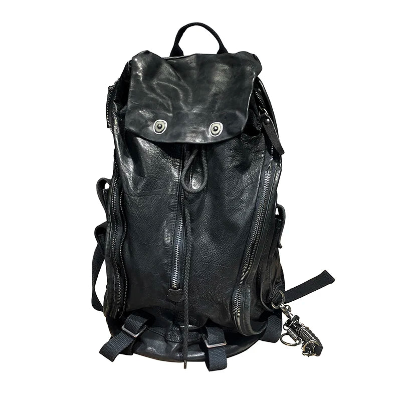 Vintage Rewashed Cowhide Leather Backpack - Black Retro Travel Bag for Men & Women