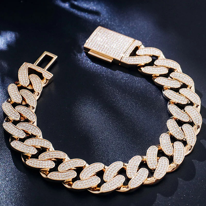 10K/14K Solid Gold Cuban Link Bracelet – 15mm Lab-Grown Diamond Encrusted Chain