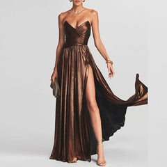 2026 Strapless Backless Slit Maxi Dress – High-Waist Hollow Bronzing Pleated Long Dress