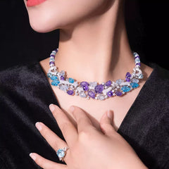 Sterling Silver CZ Jewelry Set – Purple Blue Leaf Design 3-Piece