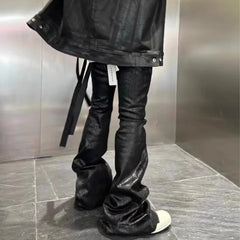 Black Wax Leather Stretch Jeans Men - Y2K Baggy Flare Streetwear Denim