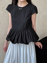 Women's Ruffle Hem T-Shirt – Slim Fit Crew Neck Navy Blue Cotton