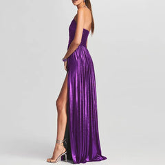 2026 Strapless Backless Slit Maxi Dress – High-Waist Hollow Bronzing Pleated Long Dress