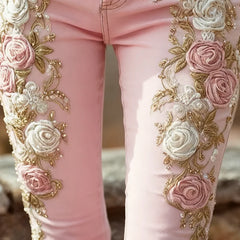 Rose Print High Waist Jeans – Vintage Buttoned Slim Trousers Autumn