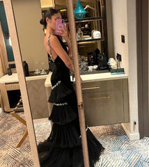 Floor-Length Backless Gown – Tiered Polyester Chiffon Formal Evening