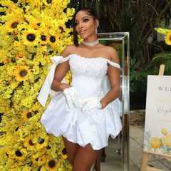 Ivory Beaded Mini Dress – Bow Sleeve Polyester Spandex Cocktail